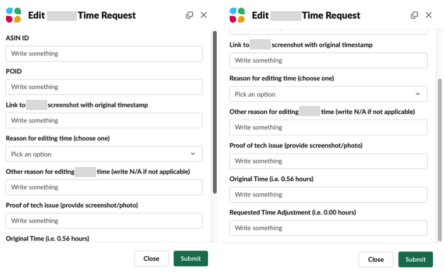 A Slack time-request form with fields for the reason, original time and requested adjustment