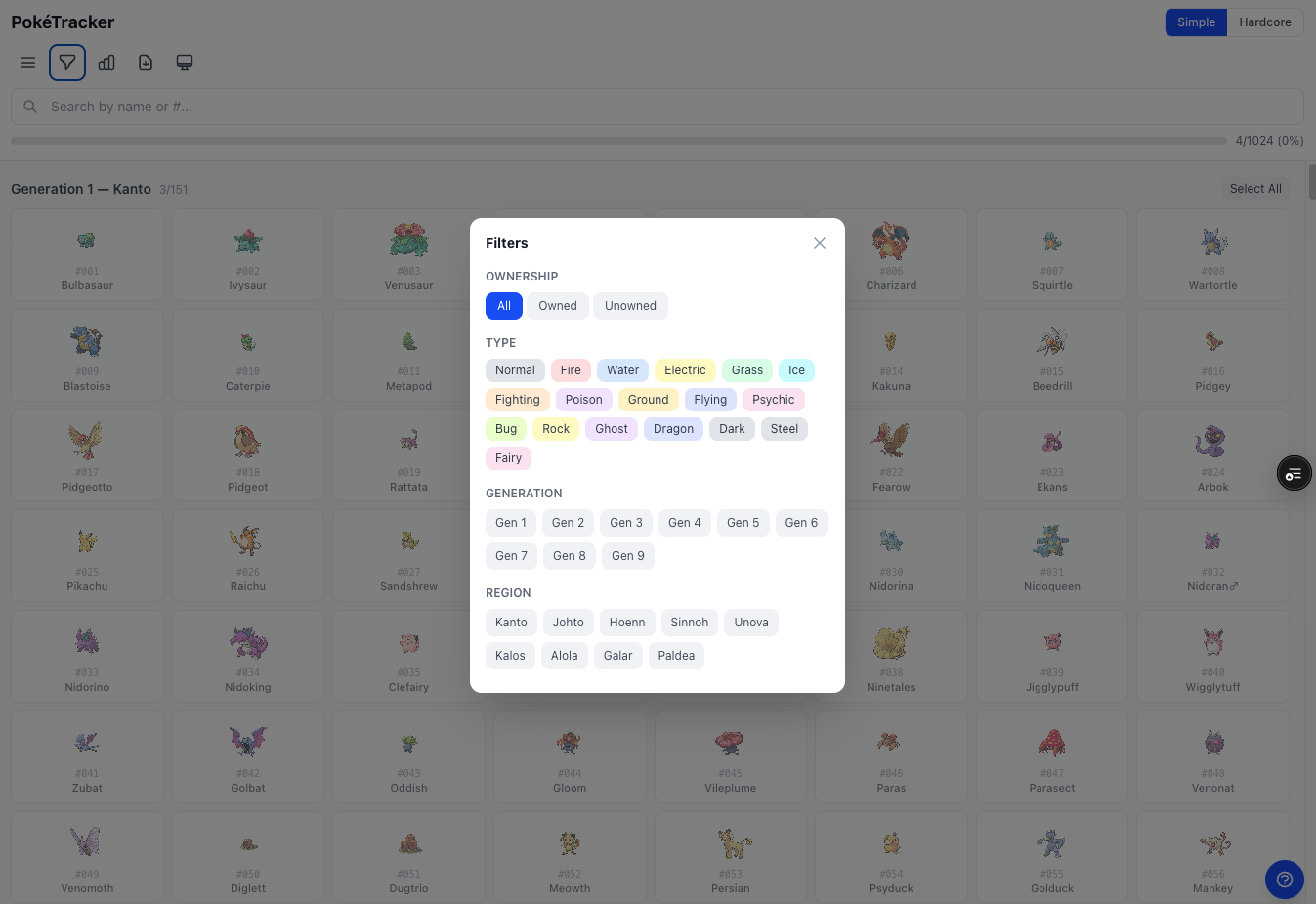 Pokémon Collection Tracker showing a grid of card images with owned and missing states