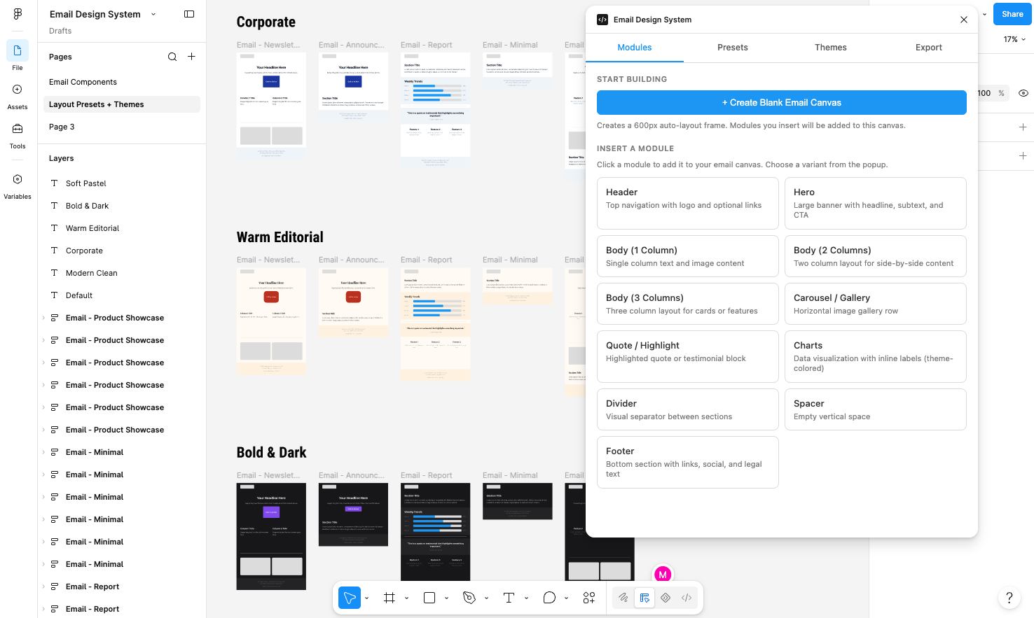 Figma plugin panel with email components and layout presets