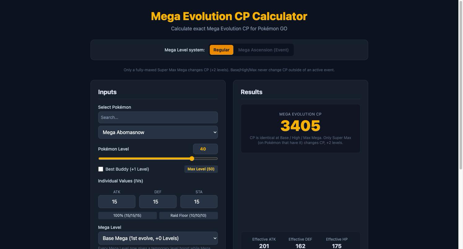 Mega CP Calculator showing a Staraptor's CP at level 20