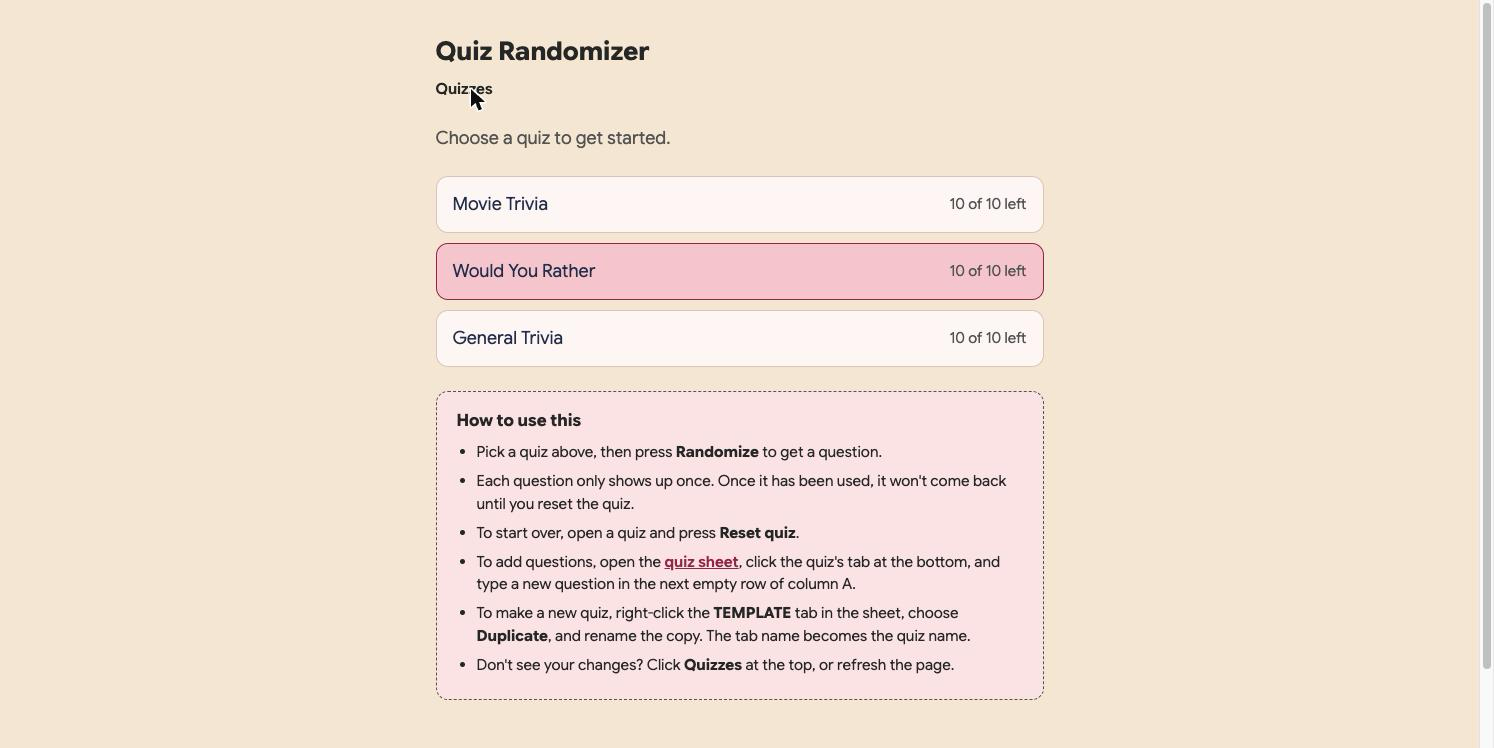 Quiz Randomizer quiz picker showing three sample quizzes: Movie Trivia, Would You Rather, and General Trivia