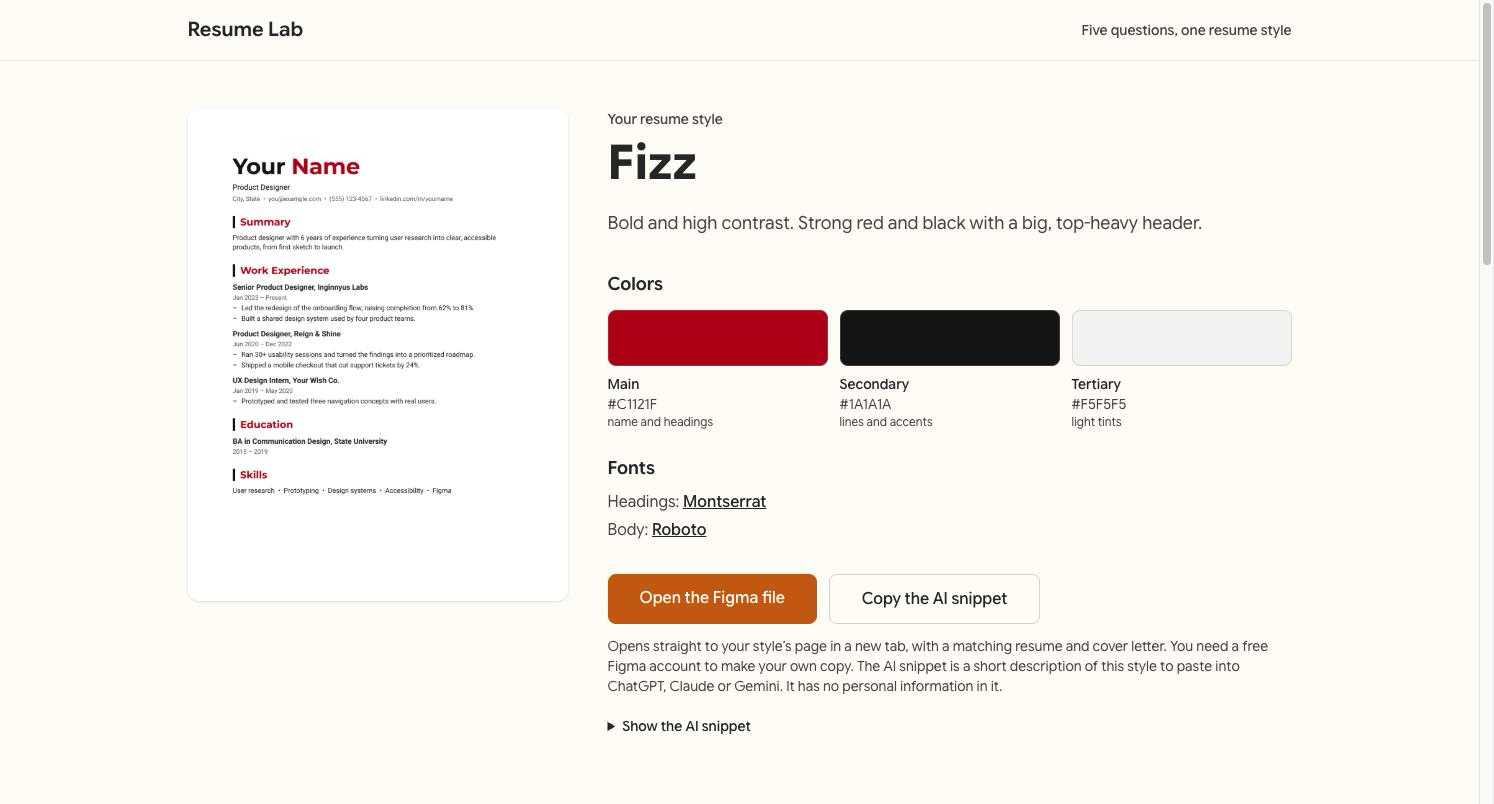 Resume Lab quiz result screen showing the Fizz style's colors, fonts and a resume preview